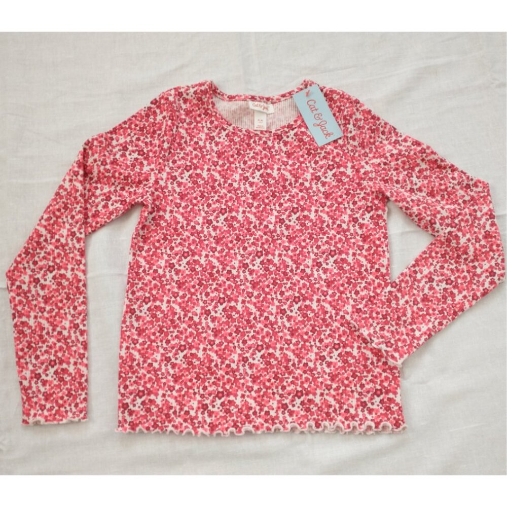 Long Sleeve Ribbed T-Shirt Top Cat & Jack Pink Red Floral Print Girls Size: M 8